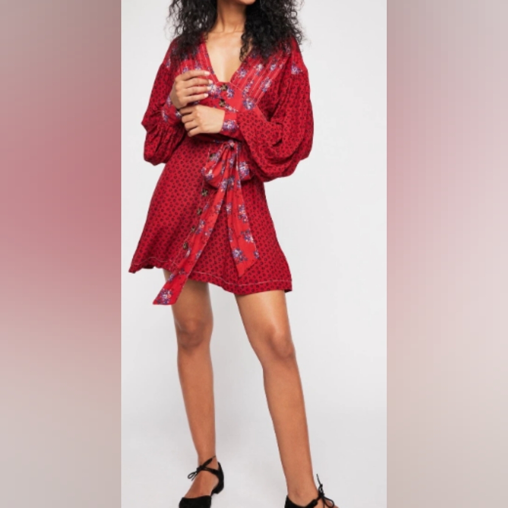 Free People Wonderland Red and Blue Floral Long Sleeve Mini Dress Misses XS